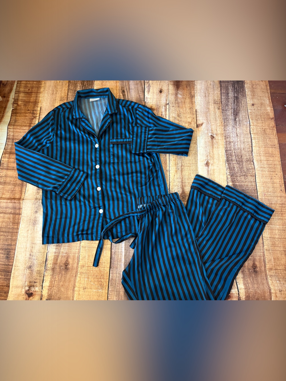 Womens Blue and Black Striped Pajama Set - Classic Button-Down Sleepwear